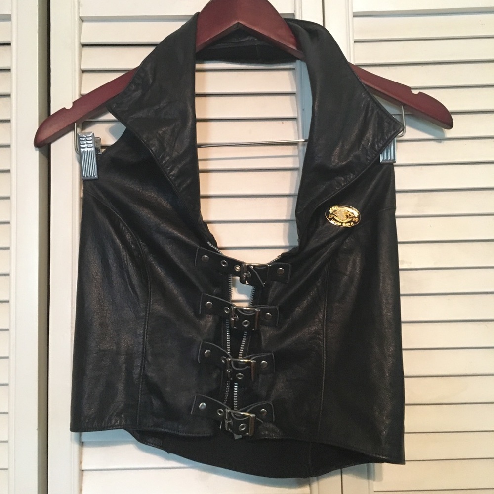 Faux Leather Black Biker Halter Top with Buckles